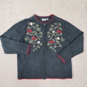 Croft and Barrow Cardinal Sparrow Christmas Zip Up Knit Sweater XL Embroidered